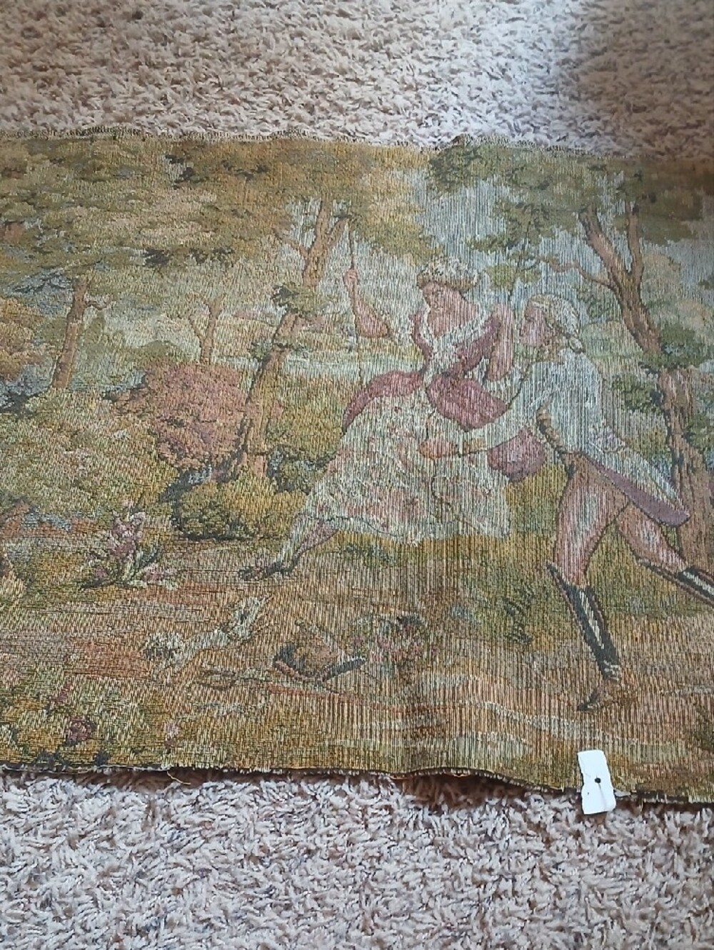 Vintage Tapestry Panel with Pastoral Couple in Soft Greens and Pinks - Picture 2 of 11